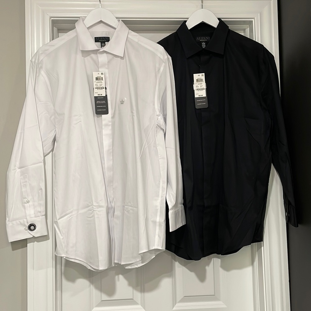 NEW Alfani Men's Regular Fit  Convertible-Cuff Dress Shirt - Black & White - 16